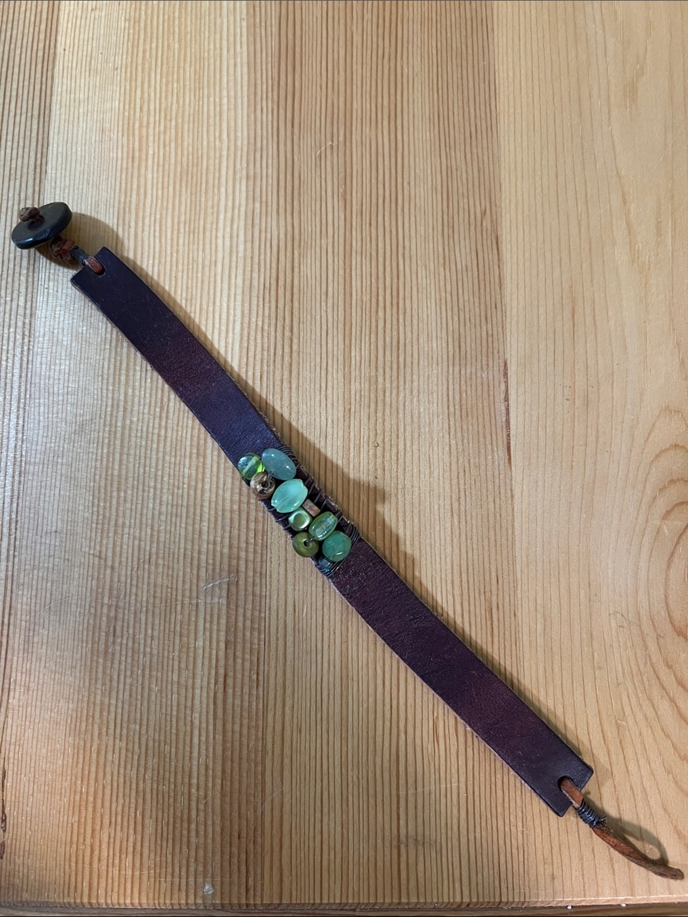 Green Beaded Brown Leather Bracelet